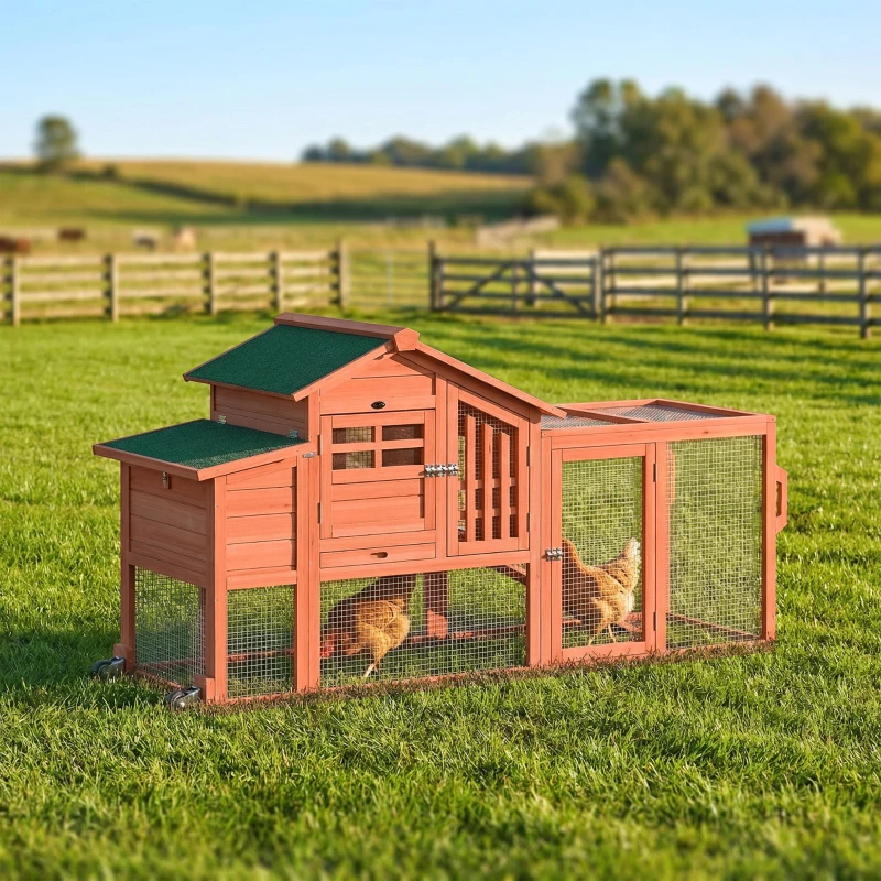 PawHut Chicken Coop with Run Mobile Wooden Hen House with Nesting Box Pull-out Tray for 1-2 Chickens Orange