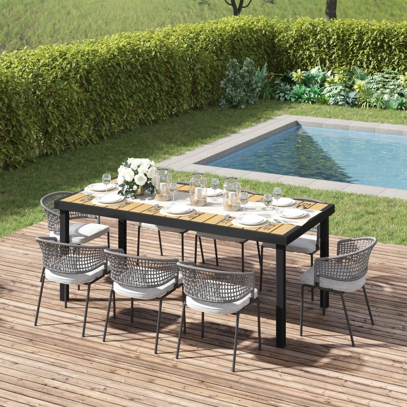 Outsunny 75" x 35" Outdoor Dining Table for 8 People, Rectangular Aluminum Frame Garden Table with All-Weather Faux Wood Top for Lawn, Patio, Natural