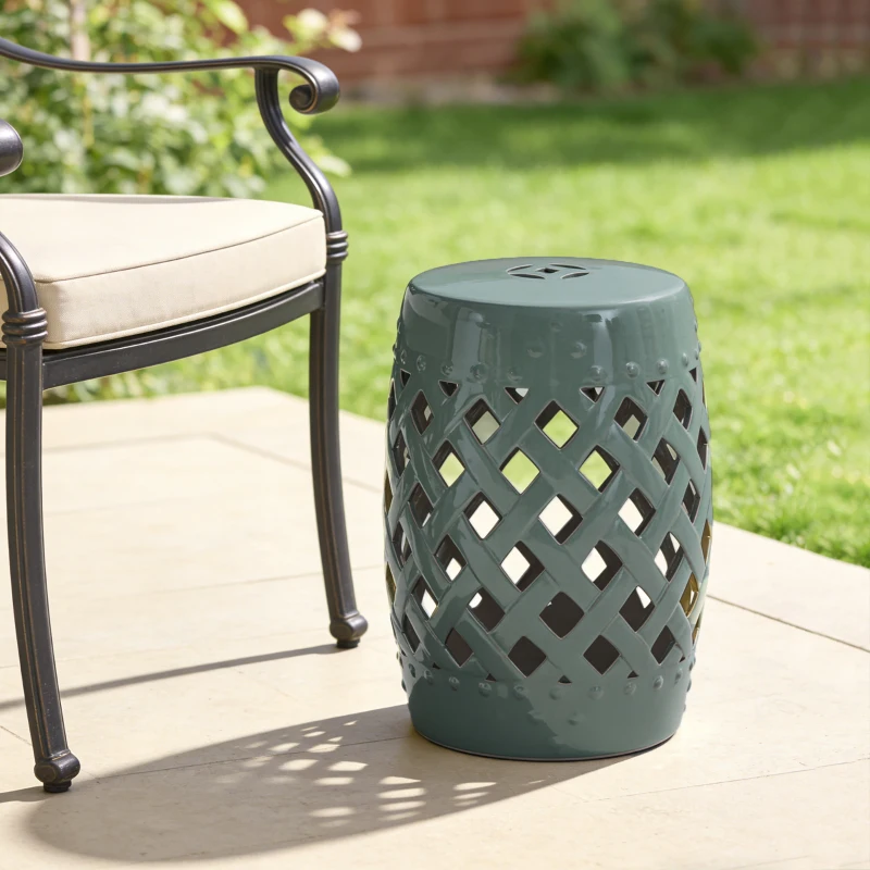 Outsunny 13" x 18" Ceramic Garden Stool with Woven Lattice Design & Glazed Strong Materials Decorative Outdoor Stool, Green
