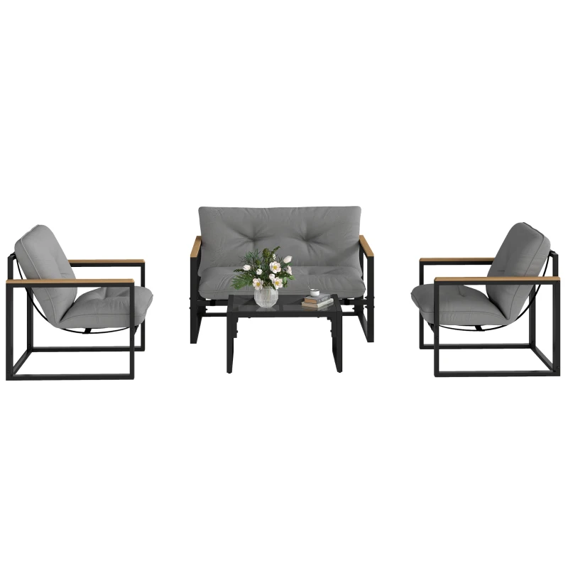 Outsunny 4 Piece Patio Furniture Set, Outdoor Loveseat Sofa Set with Thick Cushions and Coffee Table, Light Grey