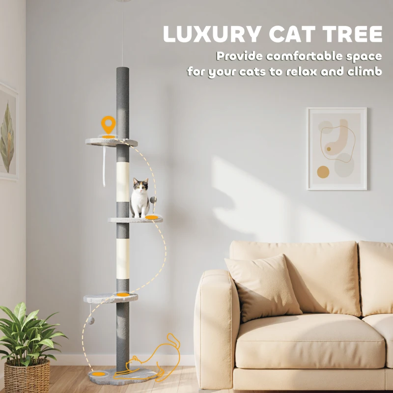 PawHut 88.5"-100.5" Floor to Ceiling Cat Tree, Cat Tower with Scratching Posts, Cloud Shaped Platforms, Dangling Balls, Grey