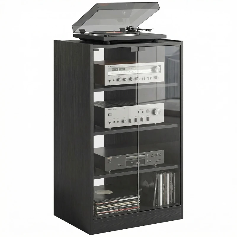 HOMCOM 5-Tier AV Media Stand with Push to Open Glass Doors, Audio-Video Storage Cabinet with Adjustable Shelves for DVD Players, Games Consoles, Routers, Distressed Black