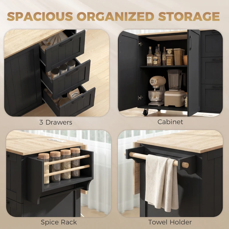 HOMCOM Kitchen Island with Drop Leaf, Rolling Kitchen Cart with Power Outlet, Cabinet, 3 Drawers, Spice Rack, Towel Bar, Black