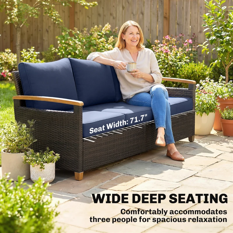 Outsunny 3 Seater Outdoor Couch Sofa, PE Wicker Patio Sofa, Wide Deep Seat, 4" Cushions, Wood-Effect Armrests Legs, Dark Blue