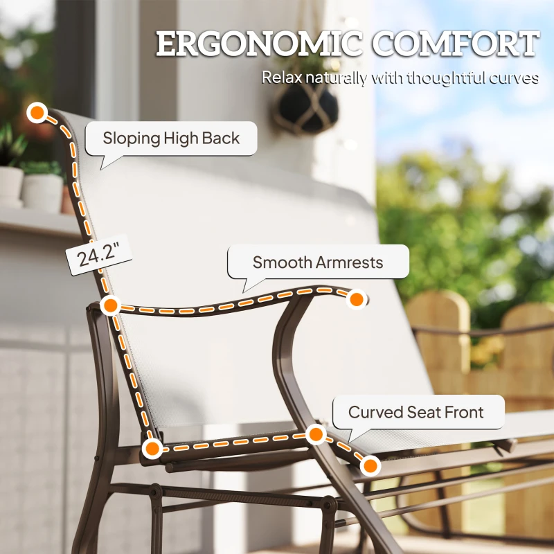 Outsunny 2-Person Outdoor Glider Bench, Patio Glider Loveseat Chair with Powder Coated Steel Frame, 2 Seats Porch Rocking Glider for Backyard, Lawn and Garden, Cream White