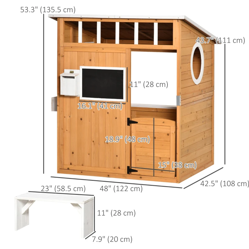 Outsunny Wooden Outdoor Playhouse for Kids with Working Door, Windows, Mailbox, Bench, Flowers Box and Blackboard, Yellow