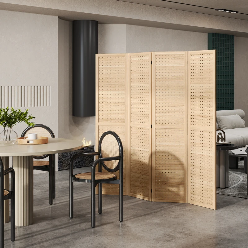 HOMCOM 4 Panel Room Divider w/ Hole Hooks Folding Privacy Screens, Natural