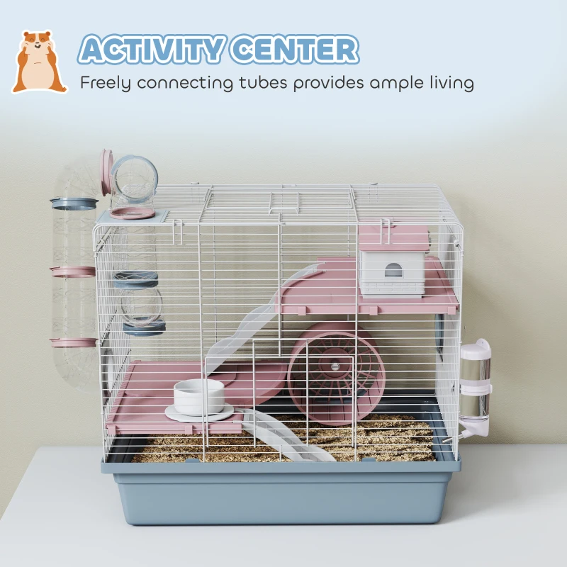 PawHut Hamster Cage, 3-Tier Small Animal Cage with Exercise Wheel, Food Bowl, Water Bottle, House, Tunnels, Ramps