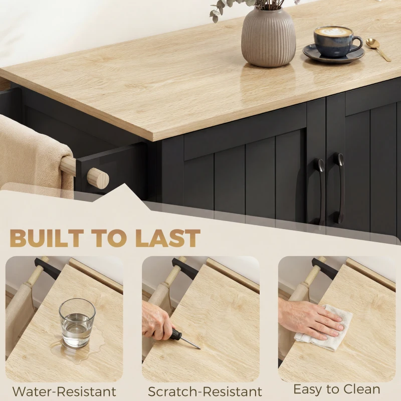 HOMCOM Kitchen Island with Drop Leaf, Rolling Kitchen Cart with Power Outlet, Cabinet, 3 Drawers, Spice Rack, Towel Bar, Black