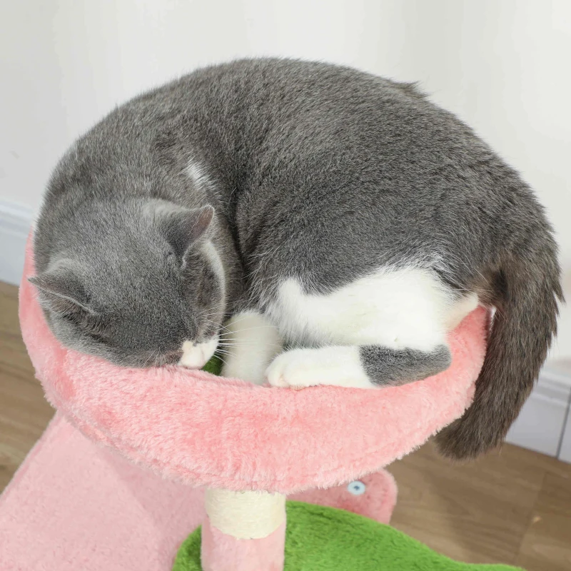 PawHut 28" Cat Tree Tower with Plush Top Bed, Cozy Condo, Sisal Scratching Post, Perch, Dangling Ball, Pink & Green