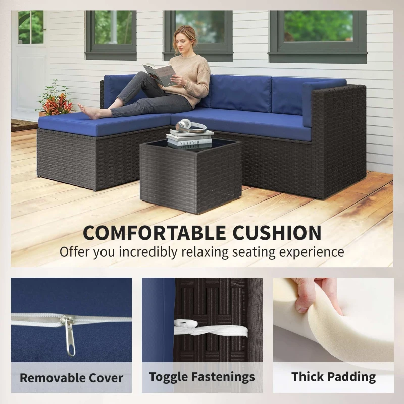 Outsunny 3 Piece Patio Furniture Set, Wicker Outdoor Patio Conversation Furniture Set with Cushions, Glass Top Table, Navy Blue