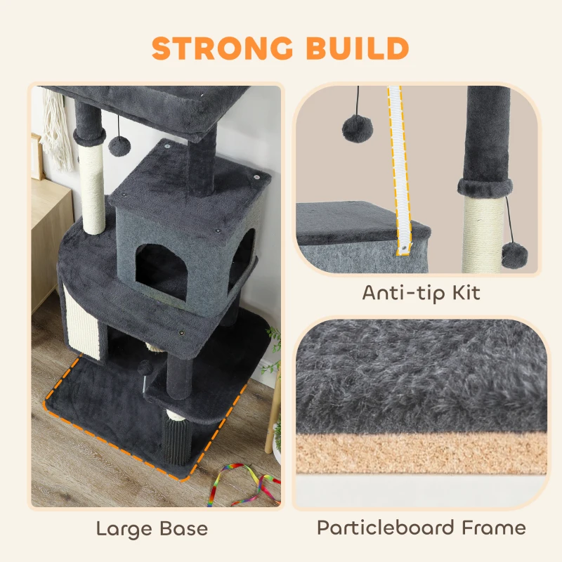 PawHut 52 Inch Cat Tree with Scratching Posts, Cat Bed, Condo, Grooming Brush, Jumping Platforms, Toy Balls, Anti-tip Kit