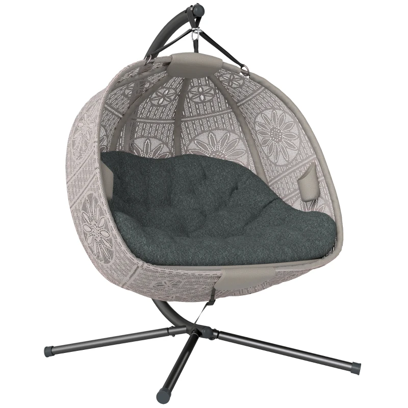Outsunny Hanging Egg Chair with Stand, Foldable Basket Swing Chair with Removable Washable Cushion, Dark Grey