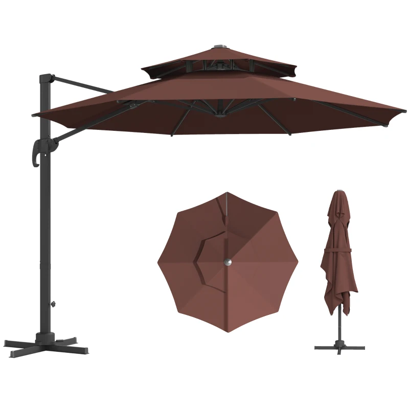 Outsunny 11ft Cantilever Patio Umbrella with Base, Double Top Hanging Aluminum Offset Umbrella with 360° Rotation, Easy Tilt, 8 Ribs, Crank, Cross Base for Backyard, Brown