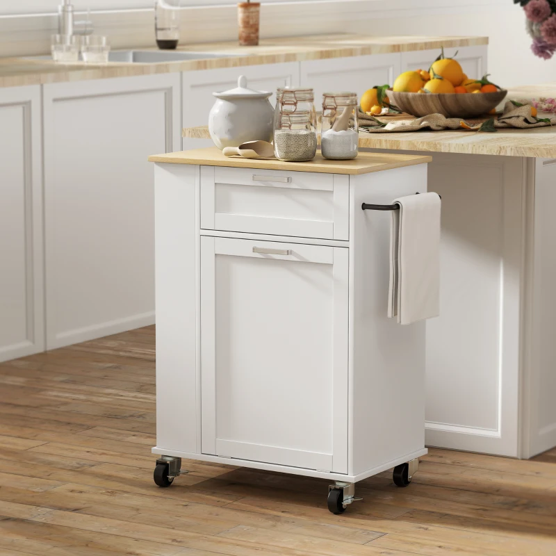 HOMCOM Rolling Kitchen Island with Trash Can Storage, Kitchen Island on Wheels with Spice & Rack, Drawer for Kitchen, White