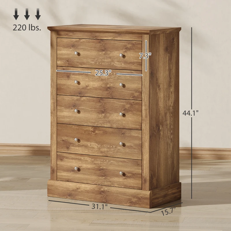 HOMCOM 31" Wide Farmhouse Chest of Drawers with 5 Drawers, Dresser for Bedroom with Wood Top for Living Room, Brown