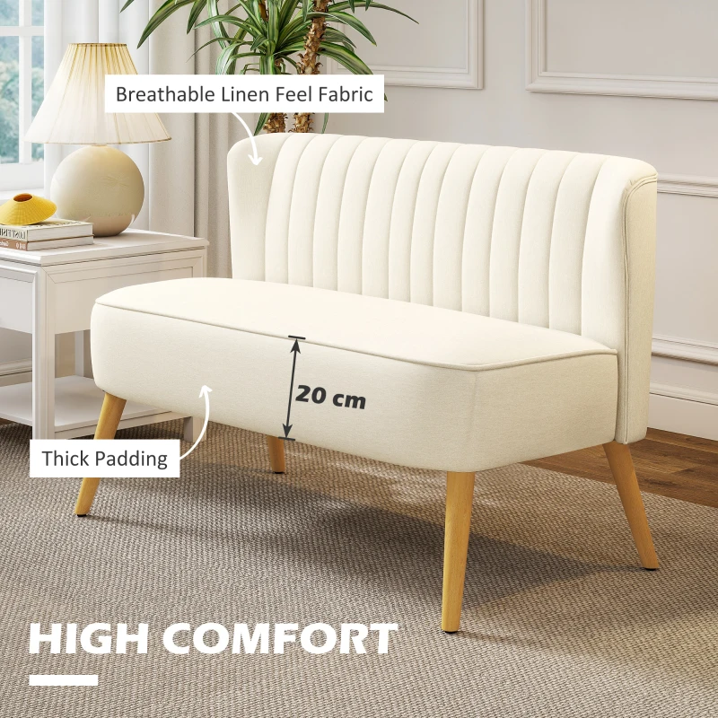 HOMCOM Modern 2 Seat Sofa for Bedroom, Upholstered Two Seater Couch with Rubber Wood Legs, Cream White