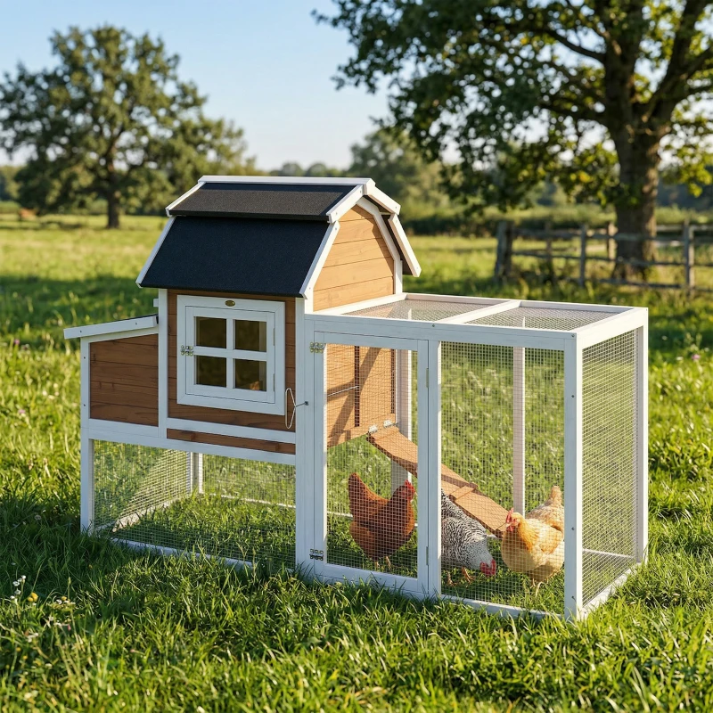 PawHut 71" Chicken Coop for 3 Chickens, Wooden Hen House with Run, Removable Tray, Nesting Box, Waterproof Asphalt Roof