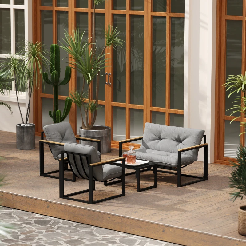 Outsunny 4 Piece Patio Furniture Set, Outdoor Loveseat Sofa Set with Thick Cushions and Coffee Table, Light Grey