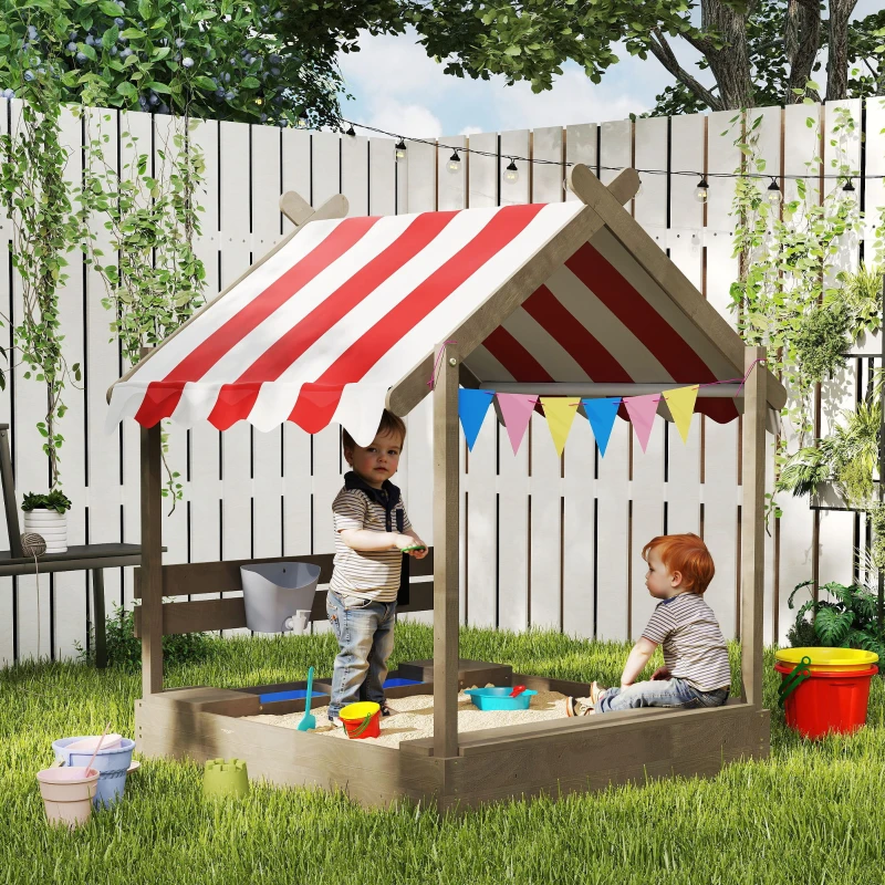 Outsunny Outdoor Wooden Sandbox with Cover for 3-7 Years Old, Backyard, Grey