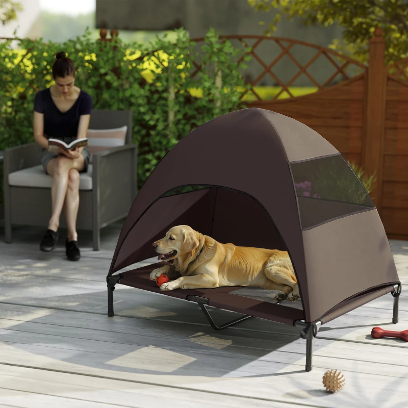 PawHut Elevated Dog Bed with Canopy Raised Dog Bed  Washable Mesh Steel Frame 41.7" x 29.9" x 39" Coffee