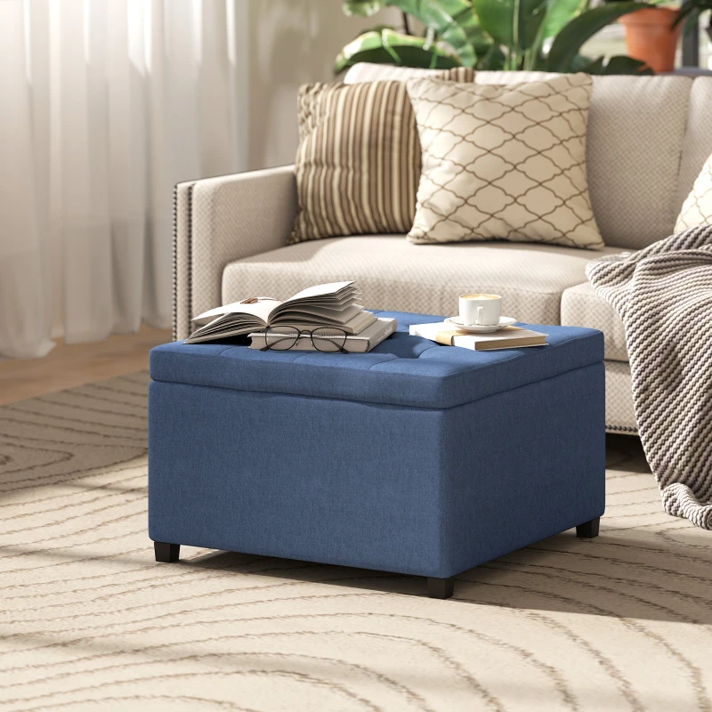 HOMCOM Round Storage Ottoman Bench, Button Tufted Ottoman with Flip Top for Living Room, Entryway and Bedroom, Blue