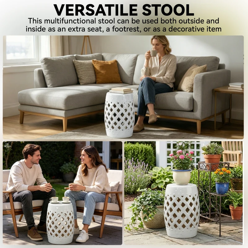 Outsunny 18" Ceramic Garden Stool with Woven Lattice Design, Indoor & Outdoor Decorative Accent Stool, White