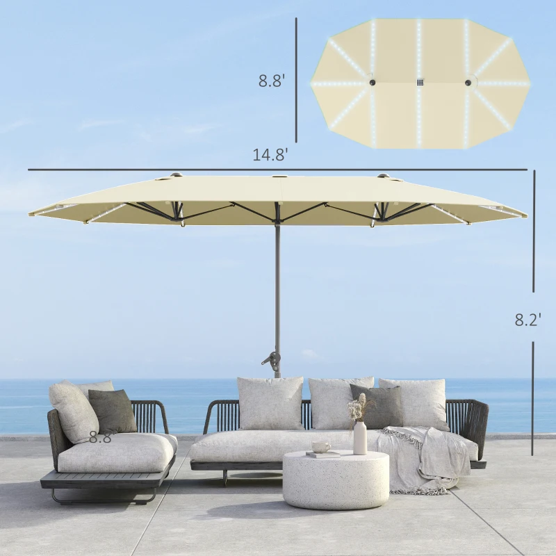 Outsunny 15ft Double-Sided Outdoor Umbrella with Solar Lights, UPF50+ Extra Large Aluminum Patio Umbrella with Crank, Cream White
