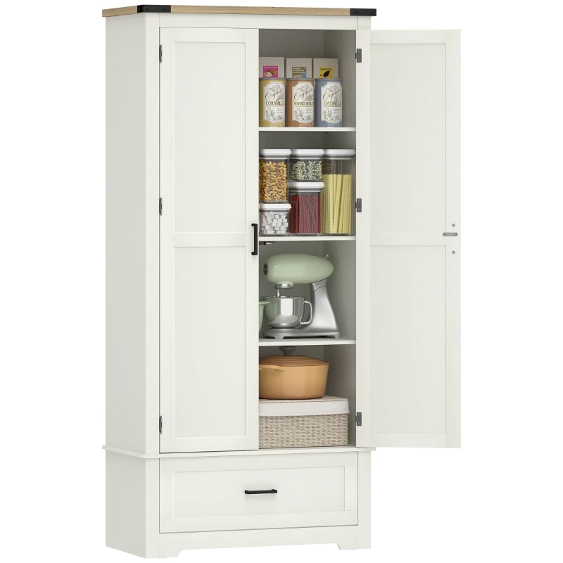 HOMCOM 69" Tall Farmhouse Kitchen Pantry Cabinet with 2 Doors, Drawer and Adjustable Shelves, Cream White