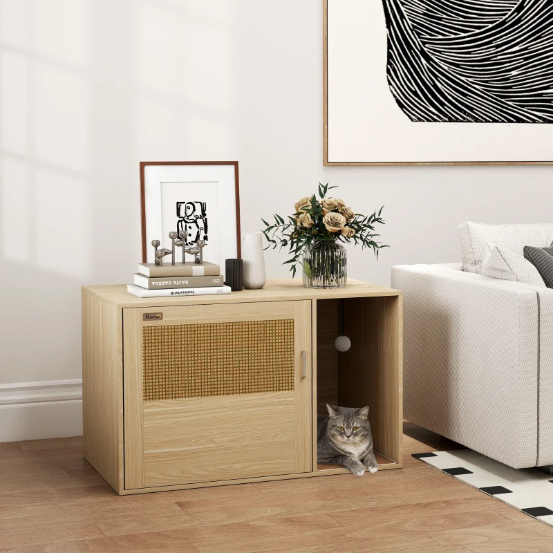 PawHut Cat Litter Box Enclosure, Cat Washroom End Side Table with Rattan Door, Scratching Pad, Non-slip Foot Pads, Oak