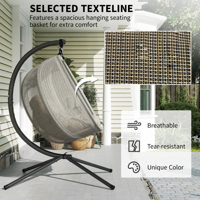 Outsunny Double Egg Chair with Stand, 2 Person Hanging Swing Egg Chair with Cushion, Pockets, Khaki