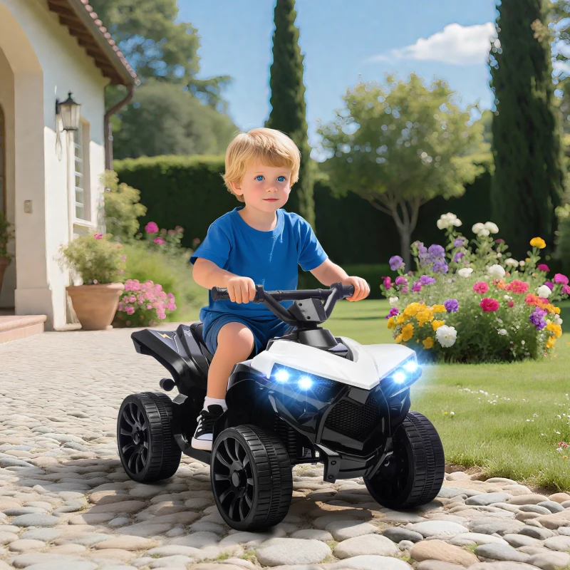 Qaba 6V Kids ATV, 4 Wheeler Electric Ride on Car with Music and LED Headlights, for Ages 37-72 Months Boys and Girls, White