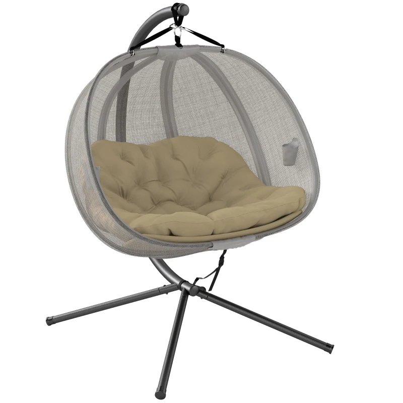 Outsunny Double Egg Chair with Stand, 2 Person Hanging Swing Egg Chair with Cushion, Pockets, Khaki