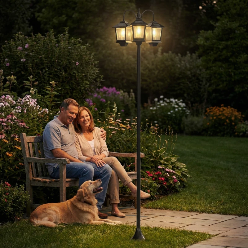 Outsunny 74" 3-Head Solar Lamp Post Light, Waterproof LED Solar Light Posts with Automatic Dusk-to-Dawn Sensor, IP44 Waterproof