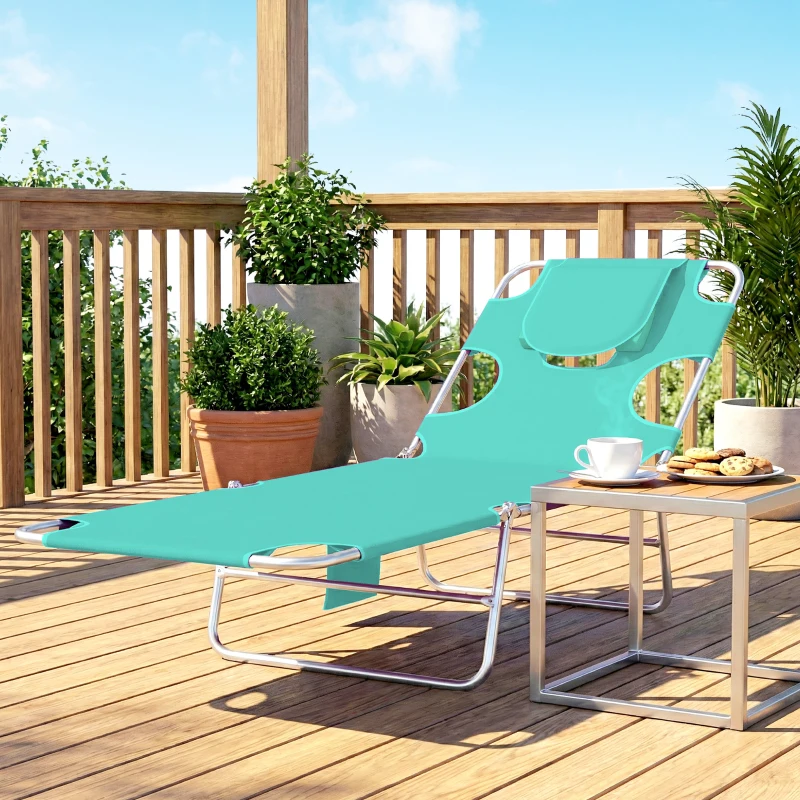 Outsunny Tanning Chair with Face Hole, 5-Level Adjustable Outdoor Chaise Lounge Chair with Pillow for Beach, Pool, Light Green