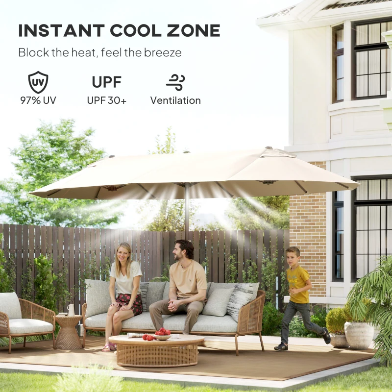 Outsunny 15' Outdoor Patio Umbrella with Twin Canopy Sunshade Steel Table Umbrella with Lift Crank Beige