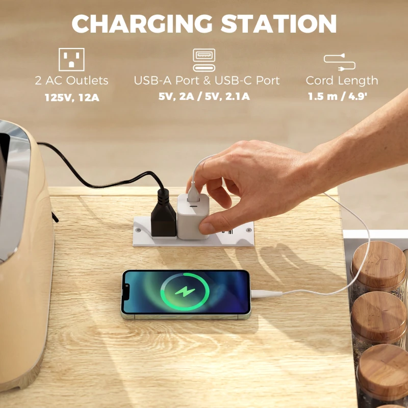 HOMCOM Kitchen Island with Drop Leaf, Rolling Kitchen Cart with Power Outlet, Cabinet, 3 Drawers, Spice Rack, Towel Bar, White