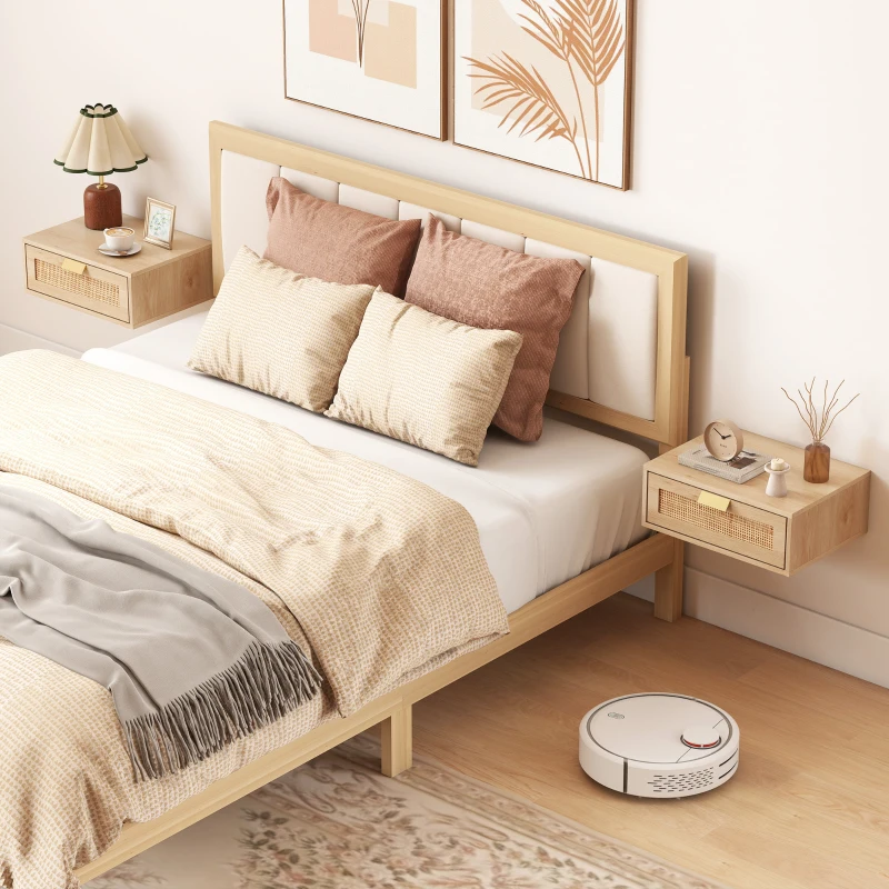 HOMCOM Floating Bedside Tables Set of 2, Wall Mounted Nightstands with Rattan Drawer and Wood Effect, Oak