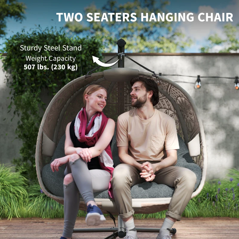 Outsunny Hanging Egg Chair with Stand, Foldable Basket Swing Chair with Removable Washable Cushion, Dark Grey