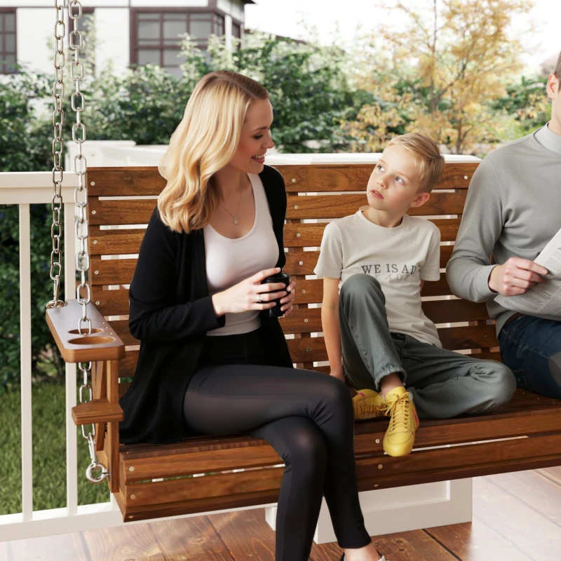 Outsunny 3-Seater Swing Bench, Wooden Porch Swing with Cupholders, Hanging Chains for Patio Garden, Carbonized