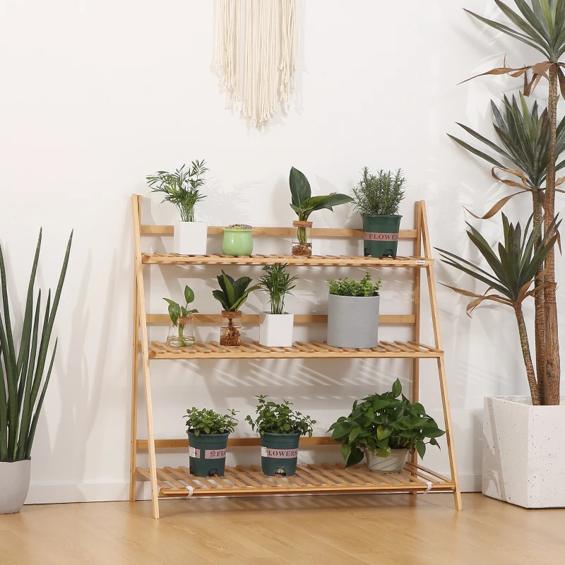 Outsunny 3-Tier Plant Stand, Plant Shelf Rack, Folding Bamboo Display Stand, 98x37x96.5cm, Natural