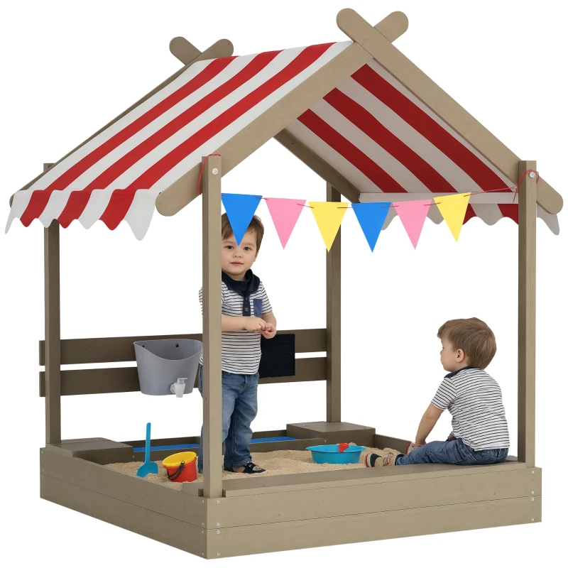 Outsunny Outdoor Wooden Sandbox with Cover for 3-7 Years Old, Backyard, Grey