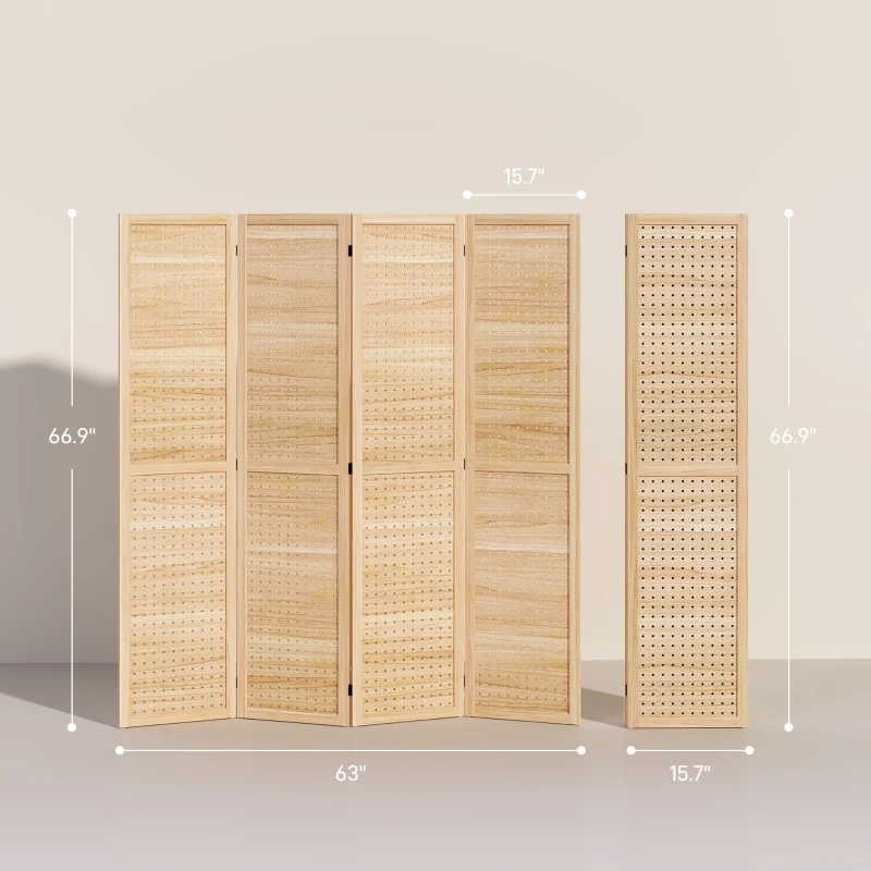 HOMCOM 4 Panel Room Divider w/ Hole Hooks Folding Privacy Screens, Natural