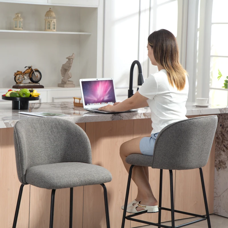HOMCOM Set of 2 Counter Height Barstools, Upholstered Linen Bar Stools with Backrest, Footrest and Steel Legs, Dark Grey