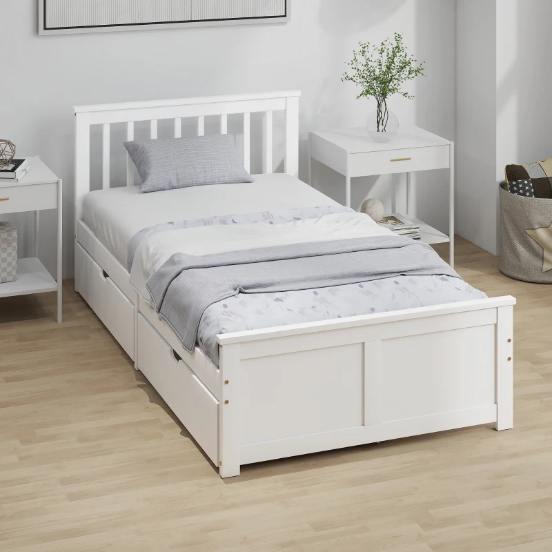 HOMCOM Pine Twin Bed Frame, Wood Storage Bed Frame with Drawers, Wood Slat Support, No Box Spring Needed, Easy Assembly, White