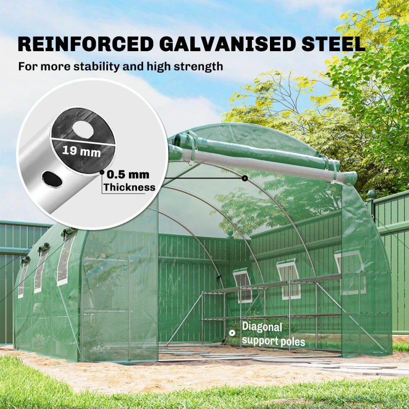 Outsunny 10'x11'x6' Walk-in Tunnel Greenhouse with Shelves, Mesh Door and Windows, Hoop House Greenhouse with PE Cover, Green