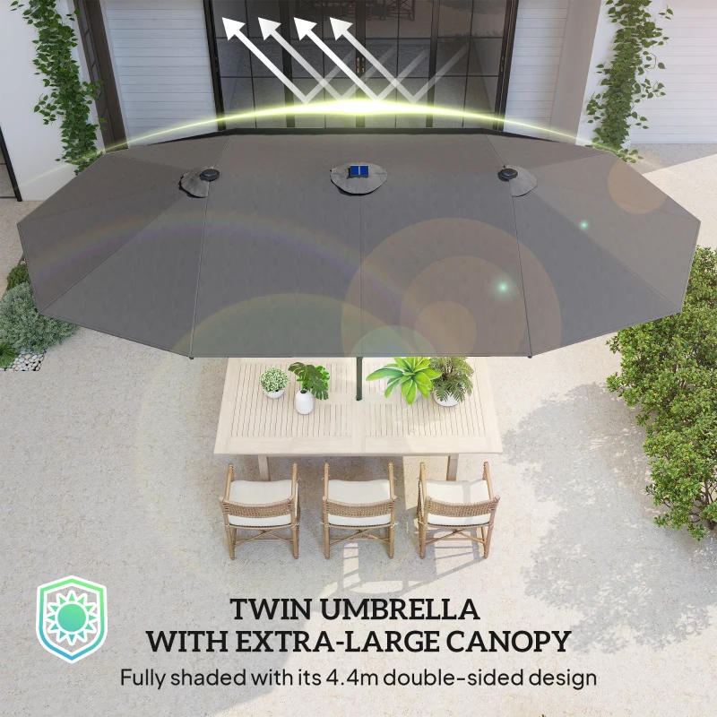 Outsunny 173" Double-Sided Sun Umbrella Garden Parasol Patio Sun Shade Outdoor with LED Solar Light, No Base Included, Dark Gre