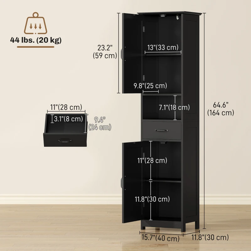 kleankin Modern Bathroom Cabinet, Narrow Bathroom Vanities with Open Shelf Drawer Recessed Doors and Adjustable Shelves Black