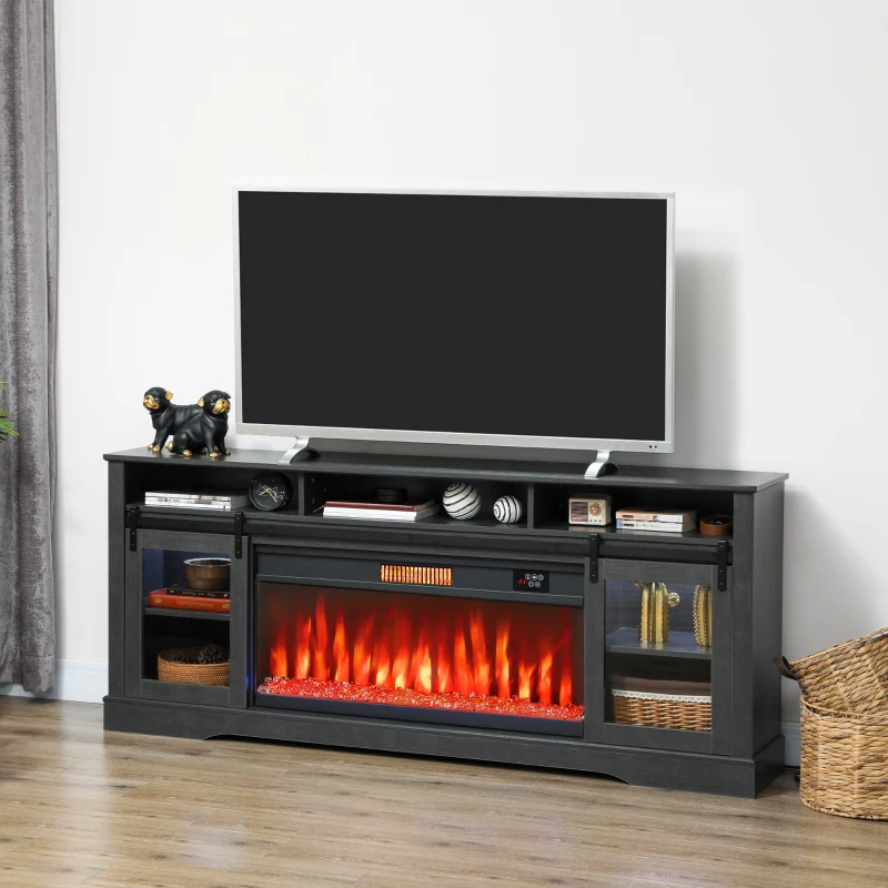 HOMCOM Fireplace TV Stand for TVs Up to 80 Inch, TV Console with Electric Fireplace, Open Storage and Side Cabinets, Gray