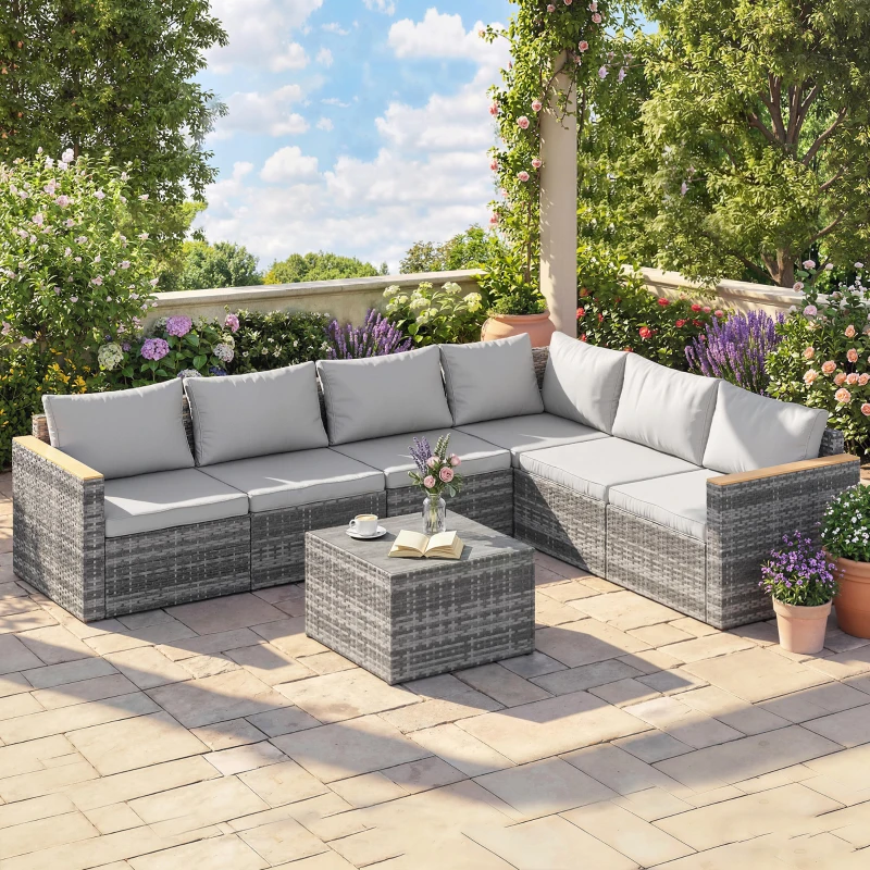 Outsunny 7 Piece Patio Furniture Set, L-Shaped Wicker Outdoor Sectional Sofa with Faux Wood Coffee Table, Cushions, Light Grey
